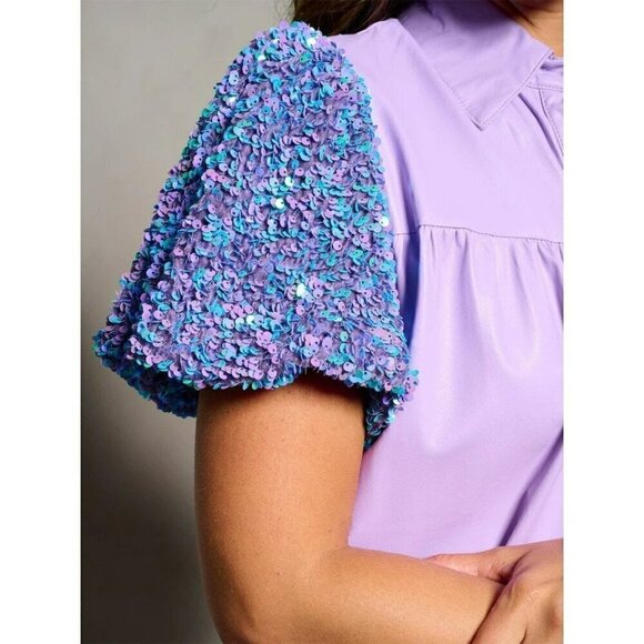 On My Best Behavior Sequin Puff Sleeve Vegan Leather Dress in Purple - Picture 5 of 6